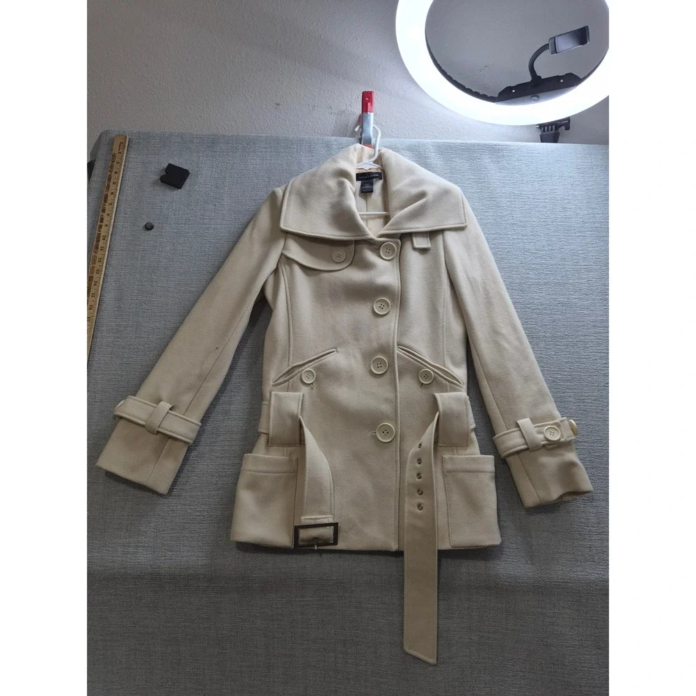 Moda International Belted Pea Coat Women Small Beige Wool Double Breasted Winter